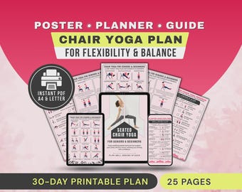 Seated Chair Yoga Exercises for Seniors & Beginners Poster, Low Impact Workout Printable Chart PDF