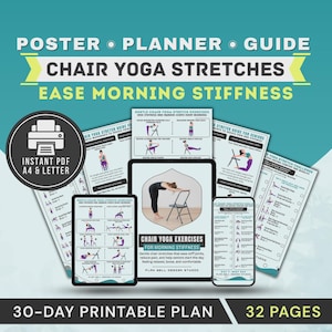 Póster imprimible con ejercicios de estiramiento de yoga en silla para personas mayores. Alivia la rigidez matutina, el dolor y la rigidez articular.