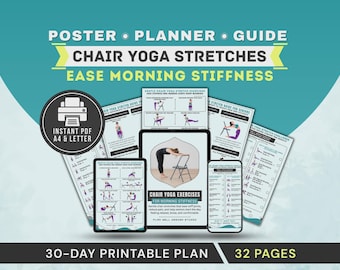 Chair Yoga Stretch Exercises for Seniors Printable Poster, Ease Morning Stiffness, Pain, Stiff Joints