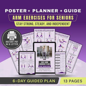 May include: Digital arm exercise guide for seniors, including a 6-day workout plan. The guide comprises a poster, planner, and guide, with exercise illustrations. Available as an instant PDF in A4 and Letter sizes.