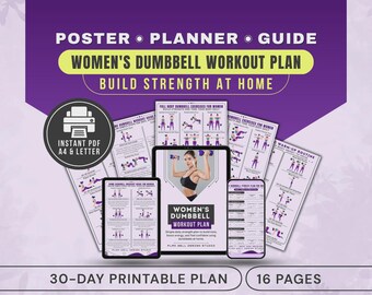 Women's Dumbbell Workout Chart, Exercises with Weights Poster Home Gym Printable PDF Fitness Planner