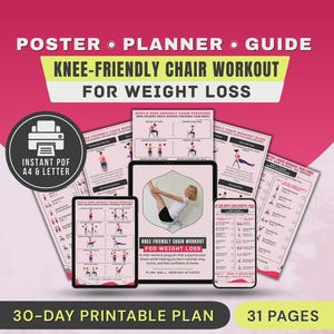 Kniefreundliches Stuhltraining zum Abnehmen, druckbares Poster, Cardioübungen Sitzen, ohne Ausrüstung