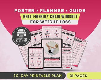Knee-Friendly Chair Workout for Weight Loss Printable Poster, Seated Cardio Exercises Chart, No Equipment