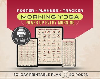 Morning Yoga Poses Chart, 40 Easy Yoga Exercises Printable Poster, 30-Day Exercise Routine PDF