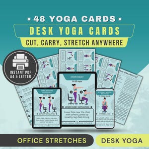 Yogakaarten voor bureaus voor kantoormedewerkers, stretch-flashcards voor de werkplek, zittende pdf-oefeningen op het werk