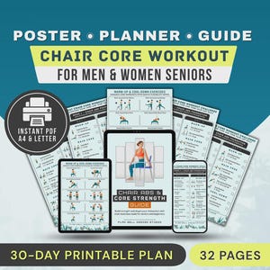 Chair Abs Workout Printable Poster, Seated Core Exercises for Seniors & Beginners Exercise Chart PDF
