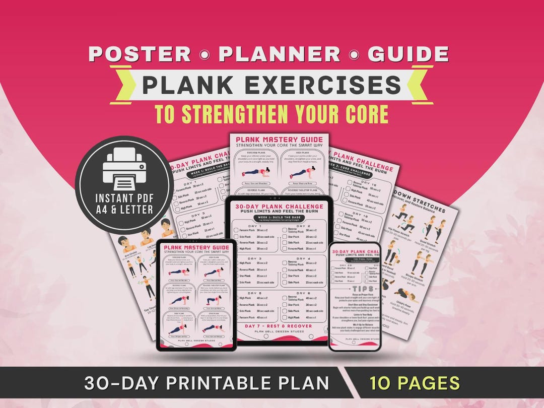 30 Day Plank Challenge Printable Poster, Core Workout Plan for Belly ...