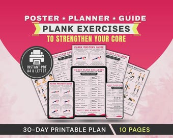 30 Day Plank Challenge Printable Poster, Core Workout Plan for Belly Fat PDF Chart