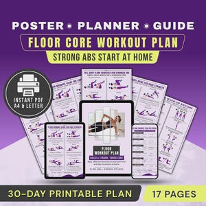 Peut inclure: Graphique violet et blanc avec le texte "Poster, Planner, Guide" et "Floor Core Workout Plan". L'image comprend une icône d'imprimante et les mots "Instant PDF A4 & Letter". Le plan est pour un entraînement de 30 jours et compte 17 pages.