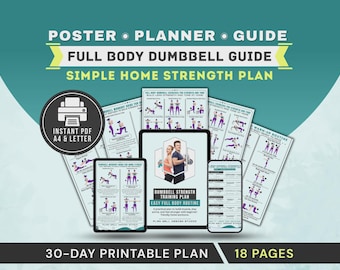 Dumbbell Workout Plan PDF Printable Poster, Full-Body Dumbbell Exercises Chart, Home Strength Training Guide