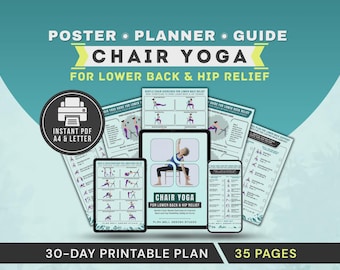 Chair Yoga Exercises for Lower Back Pain Relief Printable Poster, Back & Hip Flexibility Stretch