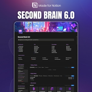 Puede incluir: Interfaz digital de "Second Brain 6.0" mostrada en una tableta. La interfaz es oscura con texto e iconos blancos, con secciones para paneles, vida, conocimiento y funciones adicionales. En la parte superior se muestra el texto "Made for Notion".
