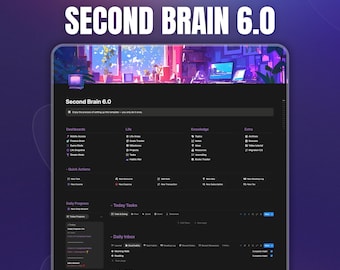 May include: A digital interface for "Second Brain 6.0" is displayed on a tablet. The interface is dark with white text and icons, featuring sections for dashboards, life, knowledge, and extra features. The top of the screen displays the text "Made for Notion".