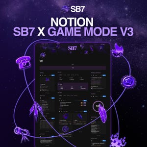 Puede incluir: Un panel de control digital de Notion titulado SB7 X GAME MODE V3, que presenta una interfaz de color púrpura oscuro con listas de tareas, análisis y rastreadores de proyectos organizados. El diseño está rodeado por iconos 3D púrpuras flotantes, incluyendo un teléfono, un telescopio, una llama y una pluma sobre un fondo de espacio estrellado.