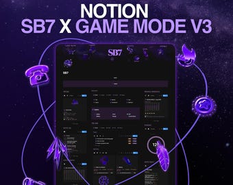 May include: A digital Notion template dashboard titled SB7 X GAME MODE V3, featuring a dark purple interface with organized task lists, analytics, and project trackers. The layout is surrounded by floating 3D purple icons including a telephone, telescope, flame, and feather against a starry space background.