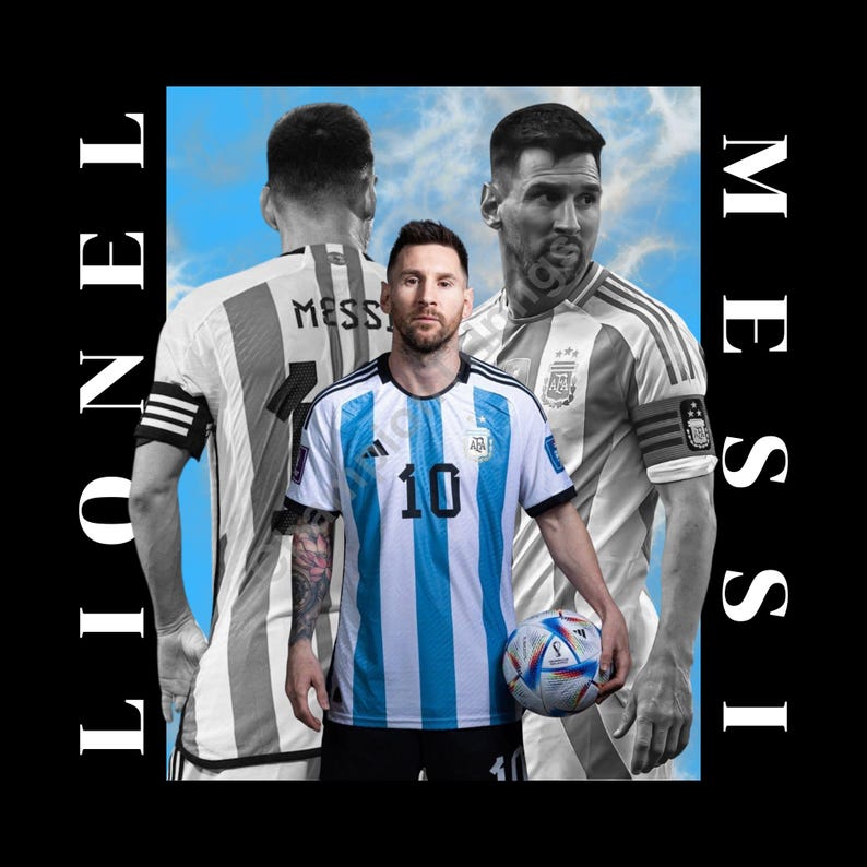 Puede incluir: Gr&aacute;fico con Lionel Messi con la camiseta de Argentina, sosteniendo un bal&oacute;n de f&uacute;tbol. La imagen tiene un fondo negro con el nombre "Lionel Messi" en texto blanco en los lados. La camiseta tiene rayas azules y blancas.