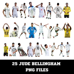 Pode incluir: Uma coleção de 25 imagens digitais apresentando Jude Bellingham em vários uniformes de futebol, incluindo camisas brancas, amarelas e azuis com diferentes logotipos de equipes e números de jogador. O atleta é mostrado em diversas poses.