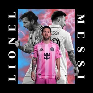 Peut inclure: Graphique avec Lionel Messi portant un maillot de football à rayures roses et blanches, avec le texte "MESSI" et "LIONEL" en blanc. Le fond présente un motif abstrait bleu et rouge.