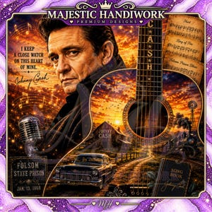 May include: A digital art print featuring Johnny Cash, a guitar with the name CASH on the fretboard, a vintage car, a barn, a train, and a microphone. Text includes I KEEP A CLOSE WATCH ON THIS HEART OF MINE, Folsom State Prison, and song titles.