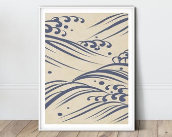 Japanese Abstract Wave Line Art – Blue Beige Japandi Wall Art, Minimalist Organic  Ocean Print, Neutral Coastal Decor (Digital Download)