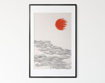 Japanese Waves Print – Minimalist Red Sun Wall Art, Japandi Ocean Waves Illustration (Digital Download)