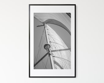Black and White Sailboat Art Print – Modern Sailing Photography, Nautical Yacht Wall Decor, Coastal Poster (Digital Download)