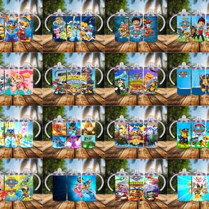 May include: A collection of colorful sippy cups featuring various characters from the animated series, Paw Patrol. Each cup has a different design, with images of the characters and the show's logo. The cups have white handles and a clear spout.