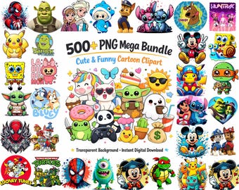 500+ Cute Cartoon Characters PNG Mega Bundle | Fun, Colorful, High-Quality Collection of Cartoon PNGs | T Shirts Design | Digital Download