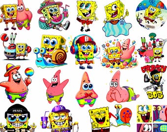 Paquete de más de 25 divertidos dibujos animados cuadrados amarillos en formato PNG, paquete de imágenes prediseñadas estilo esponja retro, lindos personajes sonrientes, fondo transparente.