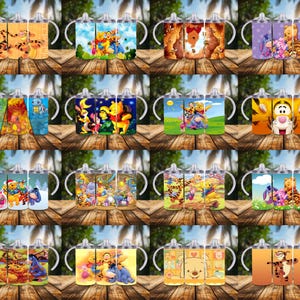 May include: A collection of colorful sippy cups featuring various characters from the Winnie the Pooh franchise. The cups have white handles and lids, with images of Pooh, Tigger, and friends. The cups are displayed on a wooden surface.