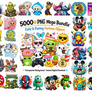 Paquete gigante de más de 5000 personajes de dibujos animados en formato PNG / Colección divertida, colorida y de alta calidad de imágenes PNG de dibujos animados / Diseño para camisetas / Descarga digital