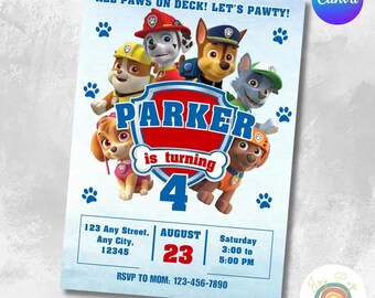 Plantilla editable de invitación de cumpleaños con temática de rescate de cachorros, invitación personalizada para fiestas infantiles, descarga digital imprimible, descarga instantánea.