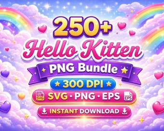 250+ Hello Kitten PNG-bundel | Roze strik Cartoon Kitty clipartpakket | Sublimatieontwerpen voor meisjesachtige schattige katten | Digitale download