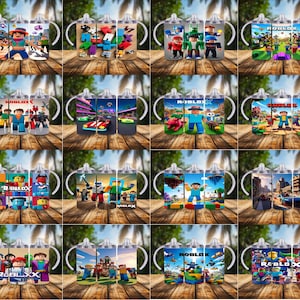 May include: A collection of sippy cups featuring colorful designs with characters and scenes from the popular video game Roblox. Each cup has a white handle and a clear, removable lid, perfect for toddlers and young children.