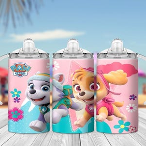 May include: Three pink sippy cups featuring Paw Patrol characters. Each cup has a different character, with the Paw Patrol logo on one. The cups have white handles and lids, and are decorated with flowers and a turquoise background.