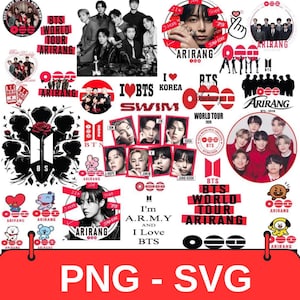 May include: A collection of digital stickers featuring the music group BTS, including photographic portraits of the members, the text Arirang, BTS World Tour, and I Love BTS, along with various graphic icons, logos, and cartoon characters in red and black.
