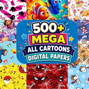 Może przedstawiać: Cyfrowa kolekcja ponad 500 cyfrowych papierów z motywami z bajek, przedstawiająca różne postacie, w tym Barbie, Gdzie jest Nemo, Kubusia Puchatka, Koci Domek Gabi, Lilo i Stitch, Mario, Toy Story, Pikachu, Spider-Mana i Snoopy'ego.
