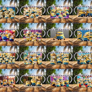 May include: A collection of baby bottles featuring various designs with Minion characters. The bottles have white handles and lids, and the designs include the Minions in different poses and settings, with a wooden background.