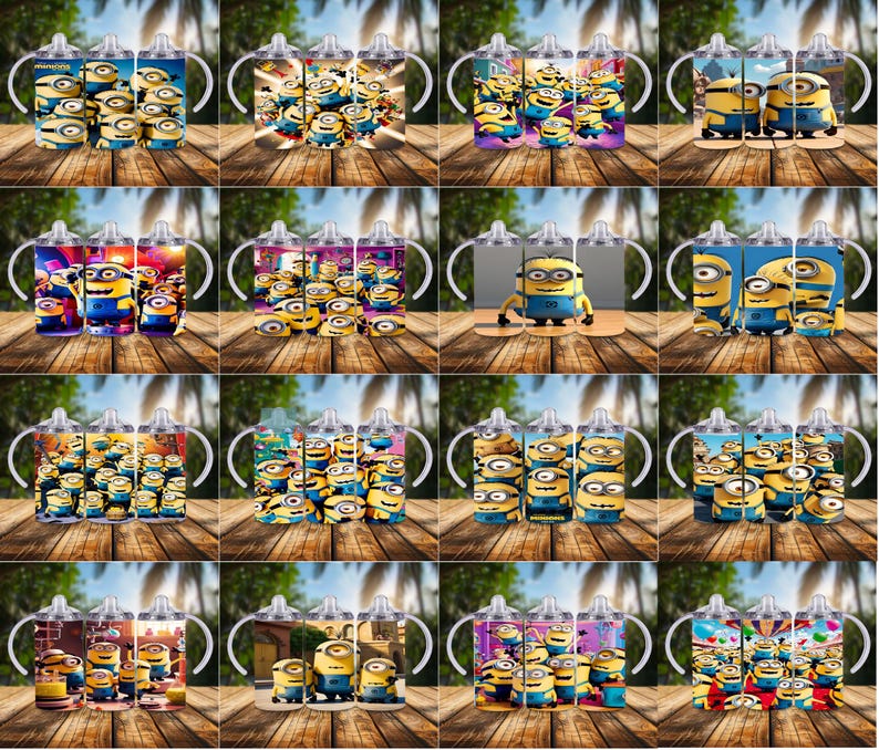 May include: A collection of baby bottles featuring various designs with Minion characters. The bottles have white handles and lids, and the designs include the Minions in different poses and settings, with a wooden background.