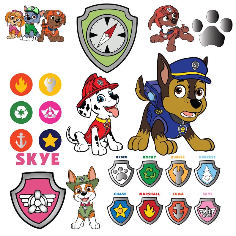 May include: A collection of Paw Patrol character stickers featuring Chase, Marshall, Skye, Rocky, Rubble, and Everest, along with various colorful shield-shaped emblems, icons, and the name Skye in pink letters on a white background.