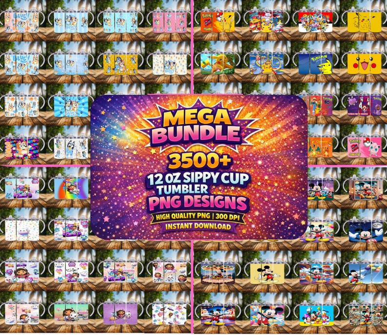 3500 Cartoon Sippy Cup Tumbler, 12oz Straight Tumbler Sublimation, Childrens Cartoon Tumbler Wrap, 12oz Kids Flip Top Wrap, Sippy Cup Bundle image 1