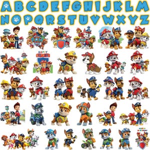 May include: A collection of Paw Patrol character stickers featuring various puppies in uniform, including Chase, Marshall, Rubble, Skye, Rocky, and Zuma, arranged alongside the full English alphabet in blue letters with yellow outlines.
