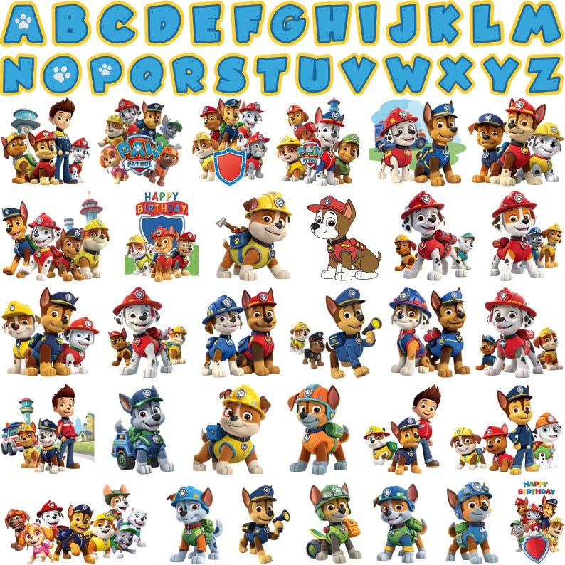 May include: A collection of Paw Patrol character stickers featuring various puppies in uniform, including Chase, Marshall, Rubble, Skye, Rocky, and Zuma, arranged alongside the full English alphabet in blue letters with yellow outlines.