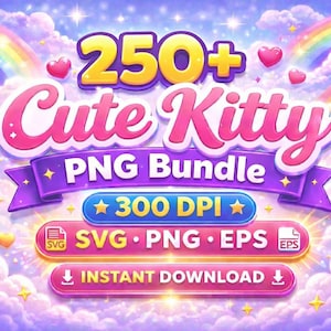 250+ Hello Kitten PNG-paket | Rosa rosett tecknad katt Clipart-paket | Sublimeringsdesigner med söta flickor och katter | Digital nedladdning