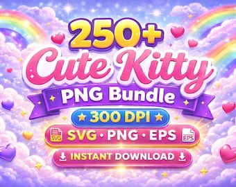 Paquete de más de 250 imágenes PNG de Hello Kitten / Paquete de imágenes prediseñadas de gatitos de dibujos animados con lazo rosa / Diseños de sublimación de gatos lindos y femeninos / Descarga digital