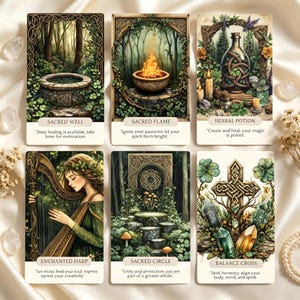 May include: Six rectangular oracle cards arranged in two rows, each featuring a unique illustration and text. The cards are titled Sacred Well, Sacred Flame, Herbal Potion, Enchanted Harp, Sacred Circle, and Balance Cross, with inspirational phrases below each title.