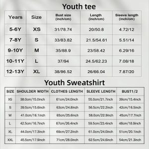 May include: A size chart for youth apparel, including t-shirts and sweatshirts. The chart displays measurements in inches and centimeters for bust, length, and sleeve length, with sizes ranging from XS to XXL. The chart is designed to help customers find the right fit.