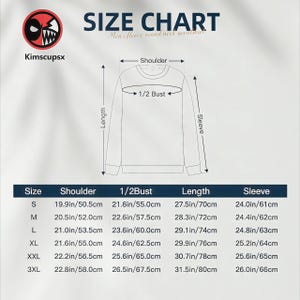 May include: A size chart for a men's fleece round neck garment, with measurements in inches and centimeters. The chart includes sizes S to 3XL, detailing shoulder, 1/2 bust, length, and sleeve dimensions. The Kimscupsx logo is in the upper left corner.