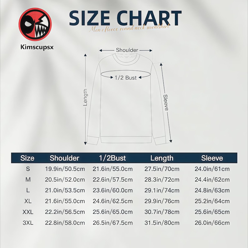 May include: A size chart for a men's fleece round neck garment, with measurements in inches and centimeters. The chart includes sizes S to 3XL, detailing shoulder, 1/2 bust, length, and sleeve dimensions. The Kimscupsx logo is in the upper left corner.