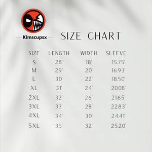 May include: A size chart with measurements in inches for length, width, and sleeve. The chart includes sizes S through 5XL. The Kimscupsx logo is in the upper left corner, featuring a red and black design.